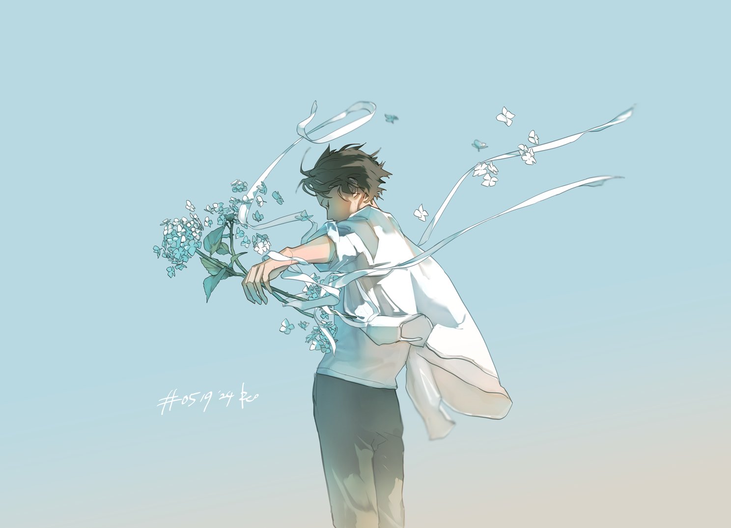 a young man, drawn in an anime style, stands against a pale blue sky.  he holds a bouquet of blue flowers in his right hand, while white ribbons and butterflies swirl around him. the overall impression is one of lightness, movement, and freedom. his hair and clothes are dark, creating a contrast against the light background.  the soft lighting and pastel color palette contribute to the dreamlike atmosphere.