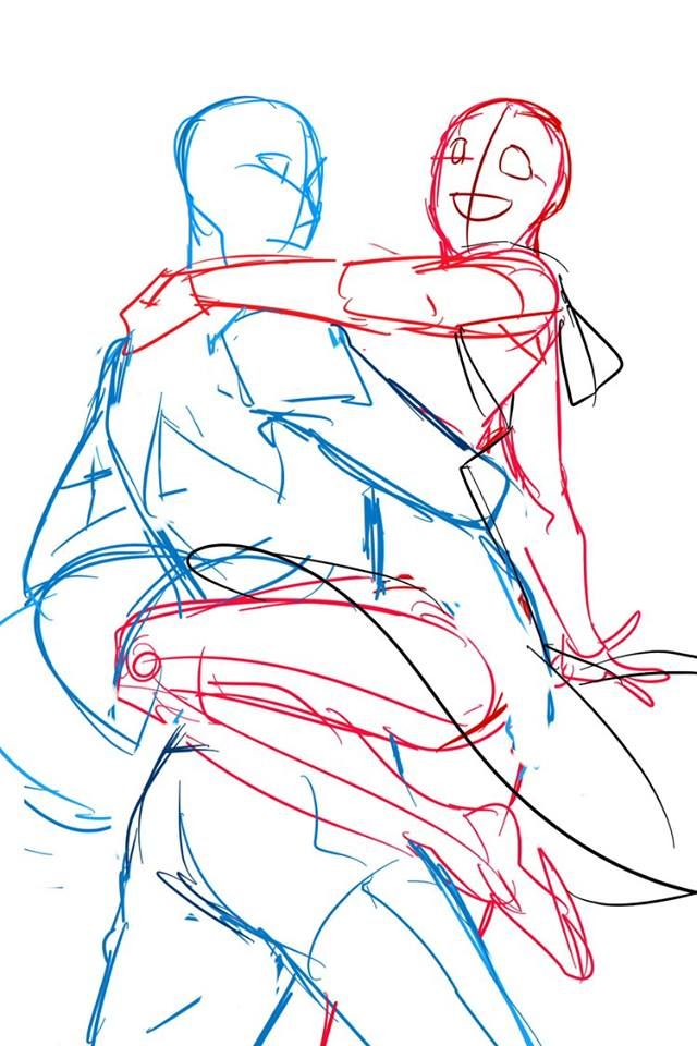 a line drawing of two people dancing. the man is holding the woman in his arms and they are both smiling. the woman is standing on one leg and the man is holding her up. the drawing is done in a simple style with only lines and no shading.