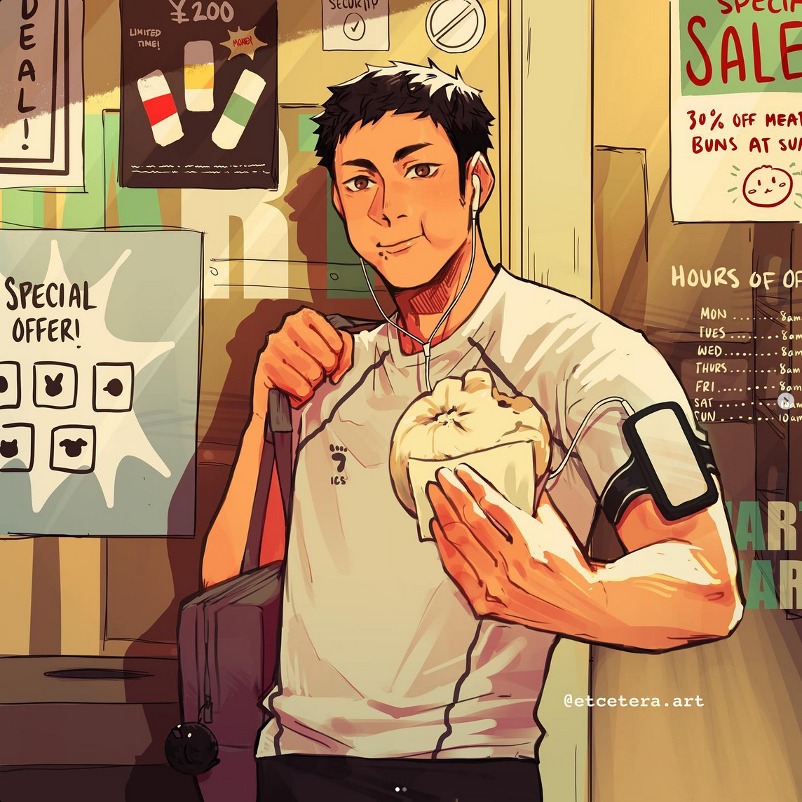 a digital illustration of a man in a white tshirt standing in what appears to be a storefront. he has short black hair, is wearing earphones around his neck, and has a gym bag slung over his right shoulder.  he's holding a large bun in his left hand.  to the left of the man is a poster with a special offer and to his right are signs advertising sales and store hours.