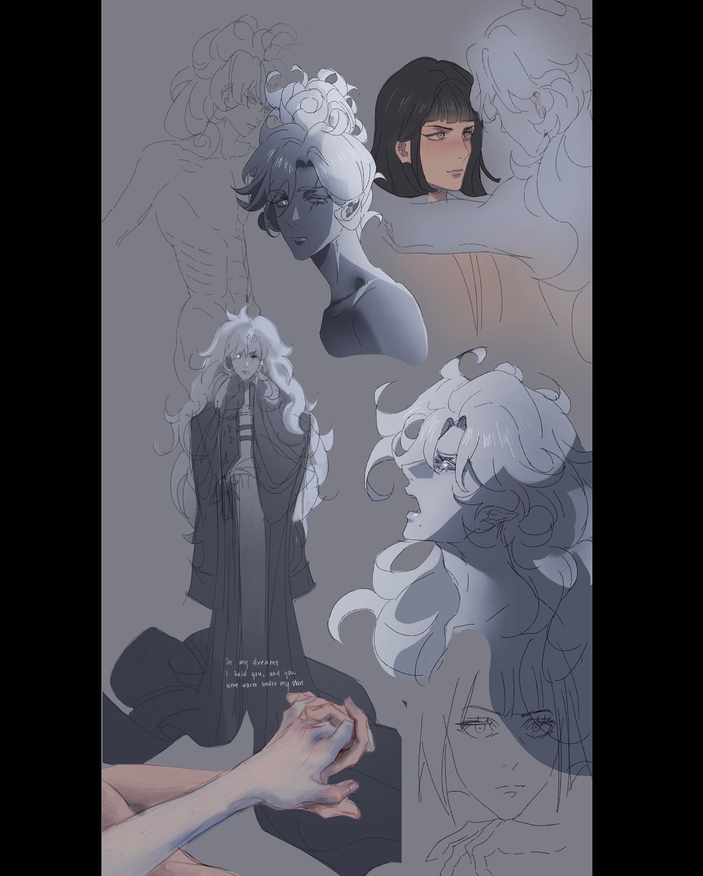 the image showcases a collection of grayscale sketches featuring stylized characters, primarily women, with delicate features and flowing hair. the sketches explore various poses, expressions, and compositions, emphasizing a sense of ethereal beauty and subtle emotion.  the use of soft lighting enhances the dreamlike quality of the artwork.