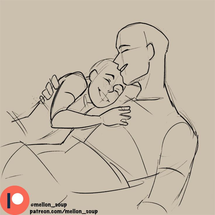 a line art sketch of a father and son hugging. the father is holding the son close, with the son's head resting on the father's chest. they both have smiles on their faces, showing affection and closeness. the father is looking down at his son with a loving expression, and the son is looking up at his father with a smile. the image is simple and heartfelt, capturing the deep bond between a father and son.