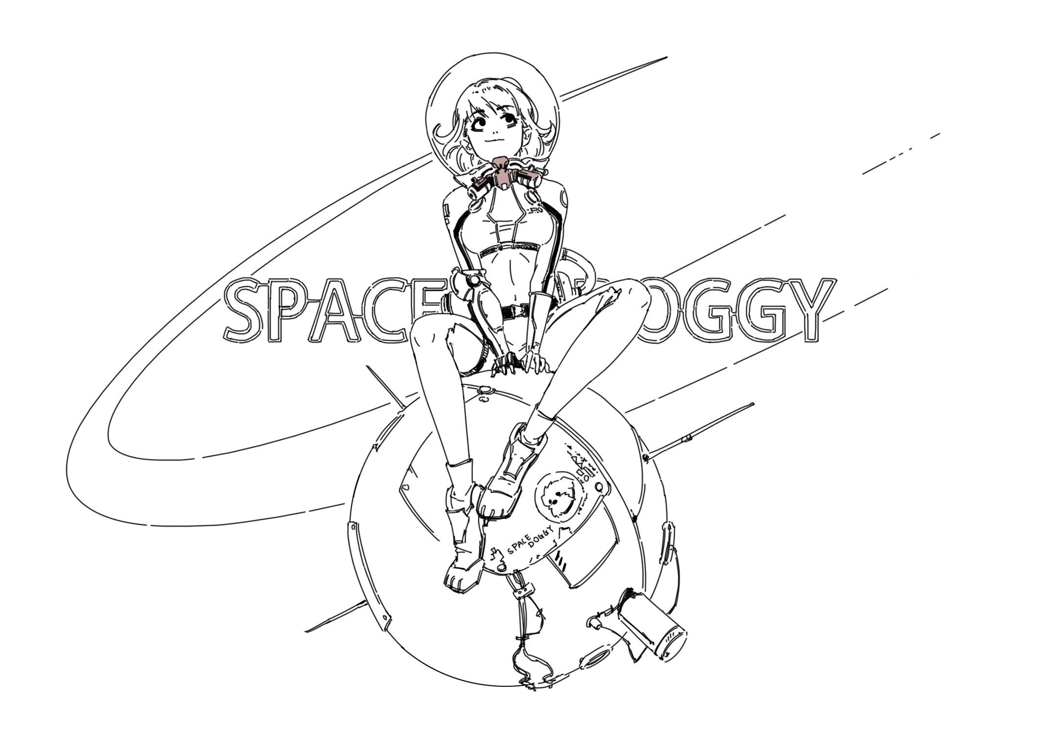 he image is a black and white illustration of an animestyle female astronaut sitting on a spherical satellite or spaceship. she is wearing a space suit and helmet, and her expression is serene. the word "spacedoggy" is written in stylized lettering across the background.  the overall style is reminiscent of manga or anime art, with clean lines and a dynamic pose.  the drawing has a retrofuturistic feel.
