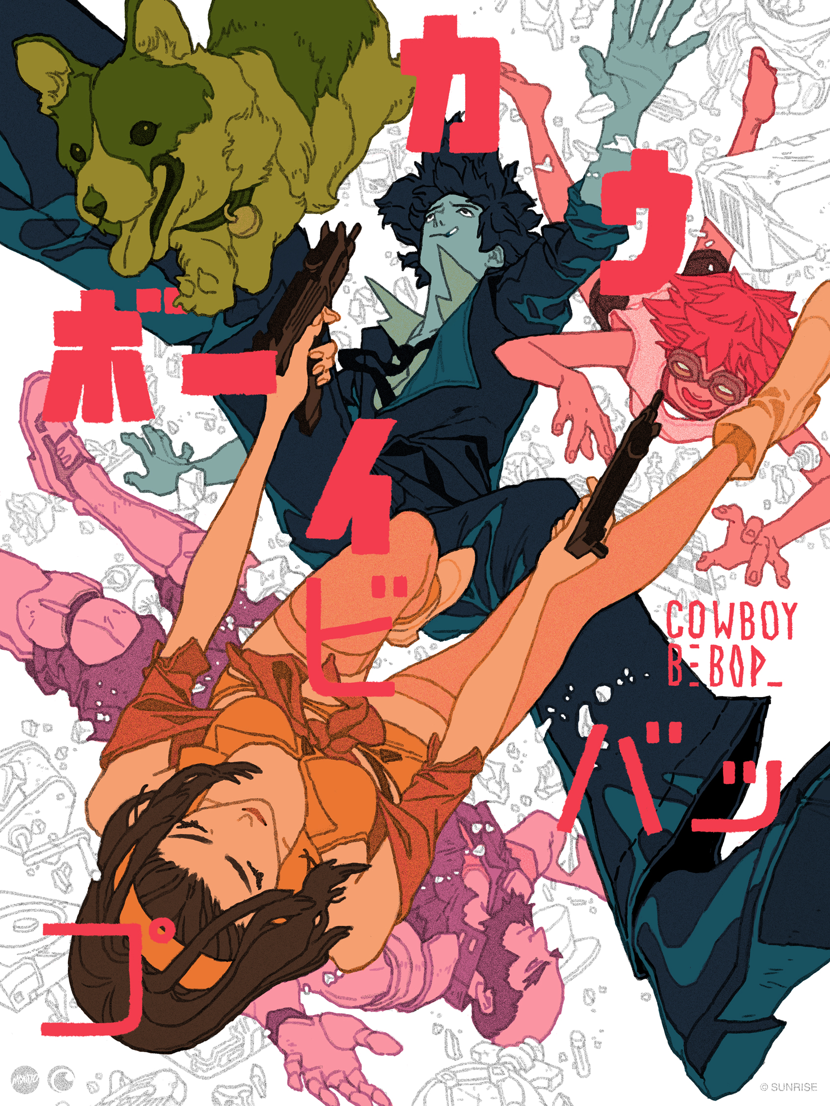 this is a vibrant and dynamic illustration of the main characters from the anime series cowboy bebop. the image features spike spiegel, faye valentine, ed, and ein, with their characteristic poses and expressions. the artwork uses a combination of bright colors and bold lines, creating a sense of energy and movement that captures the show's actionpacked and adventurous spirit. the japanese text in the background highlights the show's origin and title, making it a clear and engaging representation of the popular series.