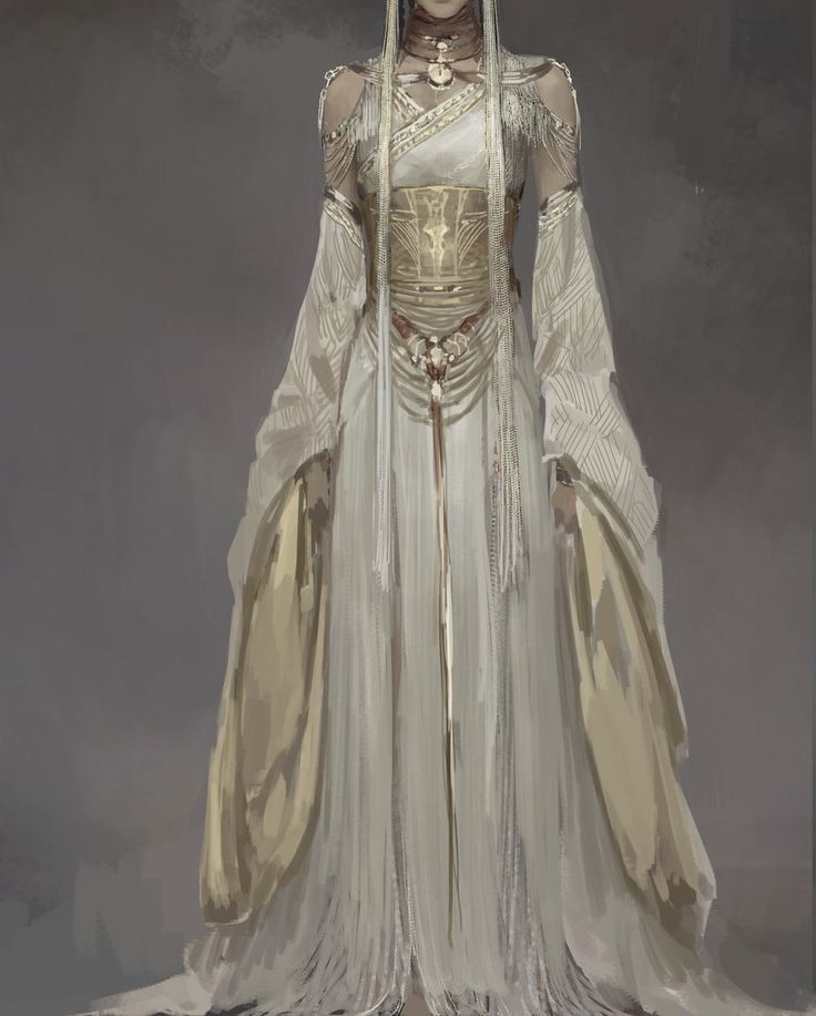 the image is a digital painting of a long, elegant gown in shades of white and gold. the gown features long, flowing sleeves with geometric patterns, a gold corset, and ornate jewelry, including a necklace and tassels. the artwork has a fantasy feel, and the overall design is intricate and detailed.