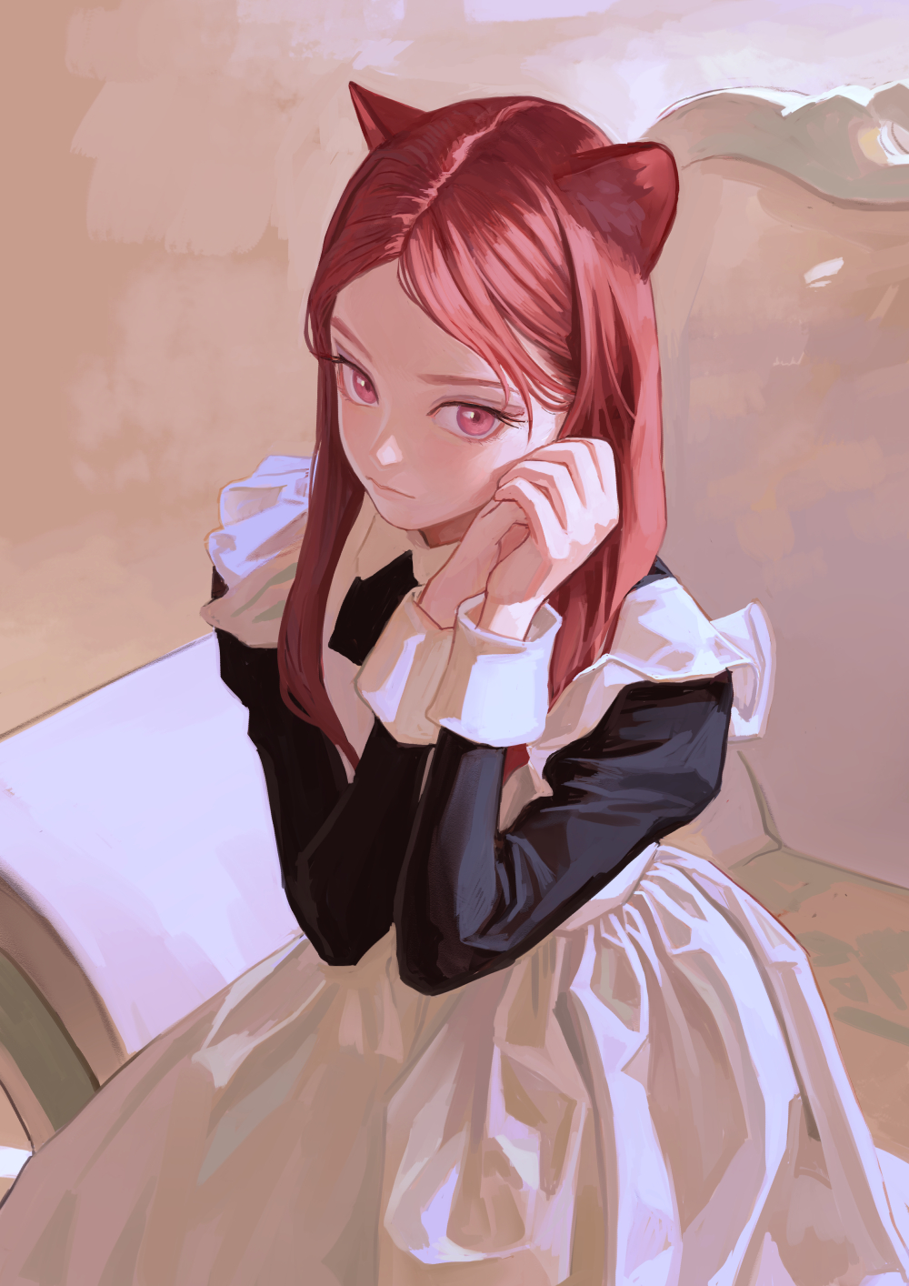 an animestyle illustration of a young woman with red hair and cat ears, wearing a black and white maid outfit. she is sitting with her hands folded in front of her, looking off to the side with pink eyes. the background is soft and slightly blurred.