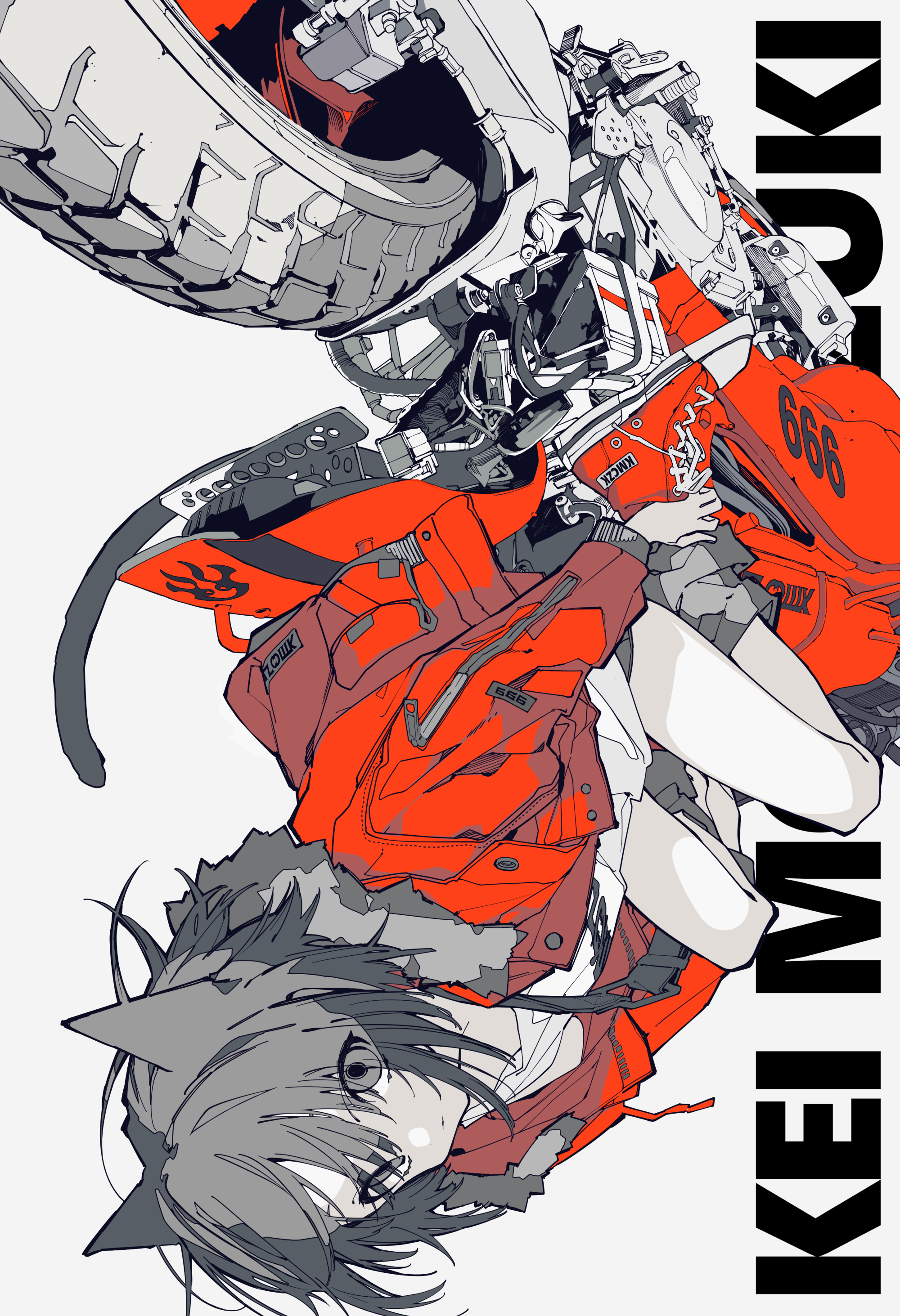 the image is an illustration featuring an animestyle girl with cat ears, lying next to a futuristic motorcycle. the girl is wearing a red jacket. the motorcycle is detailed with mechanical elements. the number "666" is visible on the motorcycle. there is text vertically oriented on the right side of the image.