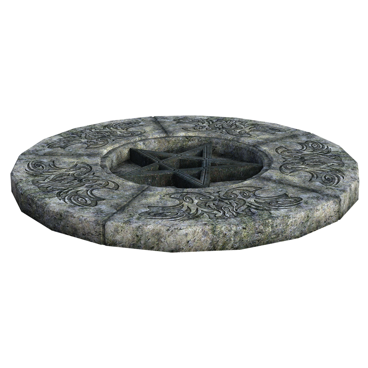 a stone disc featuring an embedded pentagram in the center, surrounded by intricate carvings.