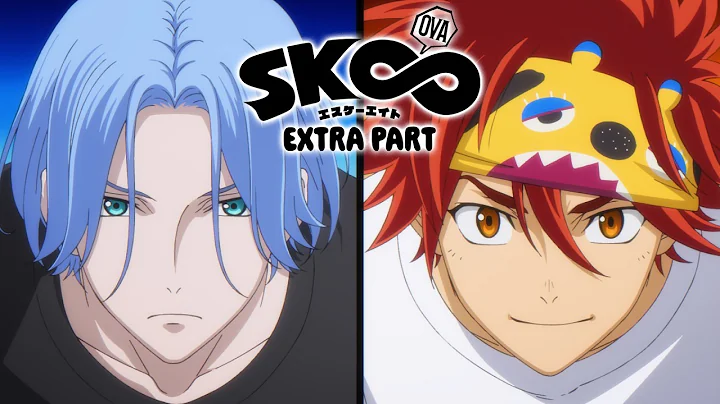 the image shows two anime characters in a closeup shot. both characters are male and have their heads tilted in different directions. the one on the left is wearing a black shirt with black hair and blue eyes. he looks somewhat serious and is staring directly at the viewer. the one on the right is wearing a white shirt with red hair and a yellow headband. he is smiling and has brown eyes, his head is titled towards the left. there is also text on the image saying "sk∞∞ extra part".