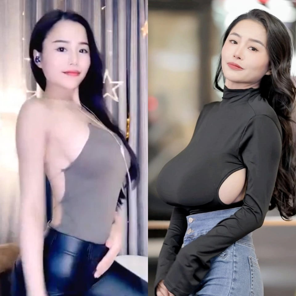the image shows a splitscreen with two separate images of the same busty woman. on the left, she is wearing a gray halter top and black leather pants. she has long black hair, earrings, and is looking at the viewer. the background is a curtain with star lights. on the right, she is wearing a black long sleeve top with a turtleneck and blue jeans. her long hair is wavy, and she has a red lipstick. the black top is very revealing of her large bust.