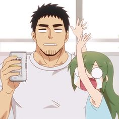 a cartoon drawing of an adult man and a young girl. the man has short black hair and a muscular build, wearing a white shirt and holding a beer can. the girl has green hair styled in two buns and is wearing a turquoise shirt, she appears to be surprised with her mouth wide open and hands raised. the background is white with a light pink border, suggesting they are indoors. the overall style of the drawing is typical of anime and manga.