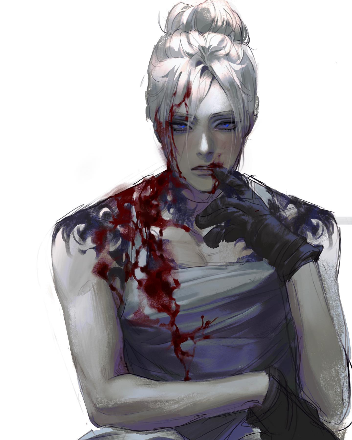 the image depicts the upper body portrait of a fictional woman with white hair styled in a bun. she has piercing blue eyes and a look of determination on her face. her expression is stoic, but a trickle of blood escapes from the corner of her lips. she's wearing a white, sleeveless dress that is splattered with bloodstains. a black, intricate tattoo peeks out from under the blood on her left shoulder and arm.  the background is a plain white, which further emphasizes the character and the bloodstains.