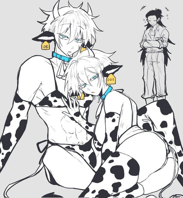 the image is an animestyle illustration or fanart depicting two boys, possibly twins, dressed in cowprint costumes.  they have white hair, cow ears, and wear collars with number tags ("005"). one boy is sitting with his arm around the other, appearing affectionate or clingy. the costumes are suggestive, yet retain a cute and kawaii aesthetic. in the background, a slightly more realistically drawn character in casual clothes is observing them with a somewhat amused expression. the overall style is a blend of manga and a slightly more westernized approach to character design. the drawing is primarily in black and white, with pops of light blue for the collars.