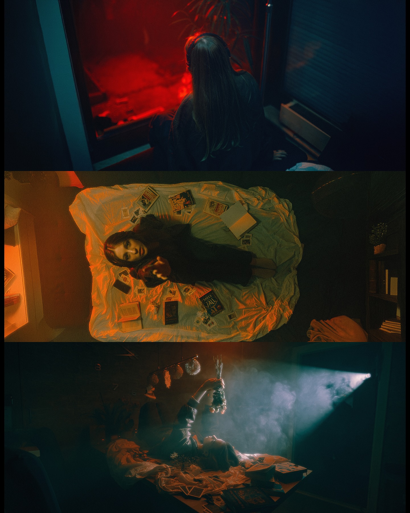 the image is split into 3 panels showing a woman in a dark room. the first panel shows the woman's back as she sits on a bed looking down. in the second panel, she is laying on a bed, looking at the camera. in the third panel, she is laying down in a darkened room, holding an object as smoke swirls around her.