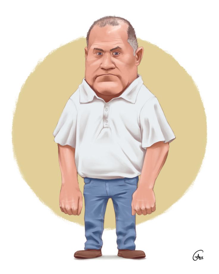 a cartoon caricature of a grumpylooking bald man wearing a white polo shirt, blue jeans, and brown shoes. he is standing with his arms at his sides. the background is a tan circle.