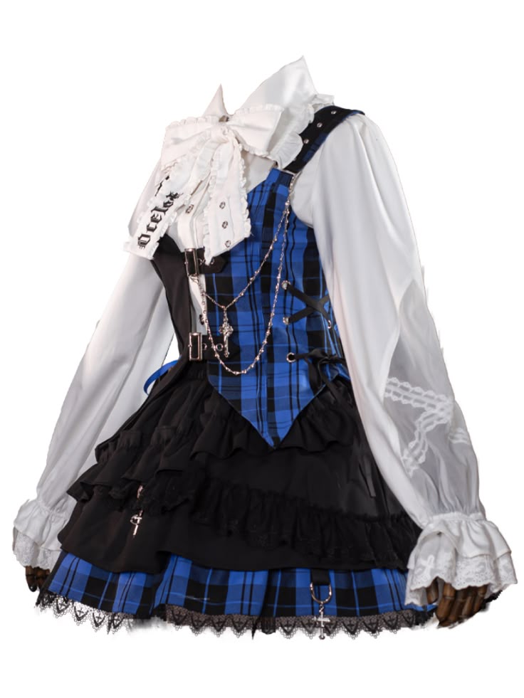 the image showcases a lolita fashion outfit consisting of a white blouse with a large ribbon bow and lace detailing, paired with a blue and black plaid dress featuring ruffles, chains, and a cross pendant. the text "ocelot" is visible on the blouse.
