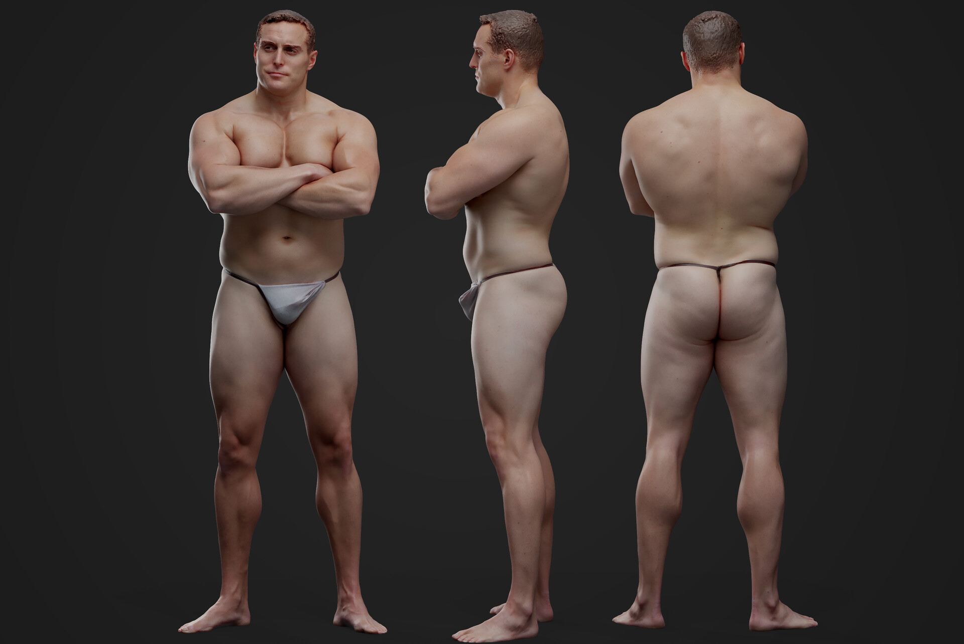 the image features a digital rendering of a muscular man in a thong, posing with his arms crossed. the image presents three different views of the subject: front, side, and back. the rendering emphasizes anatomical detail and musculature. the background is a uniform gray.
