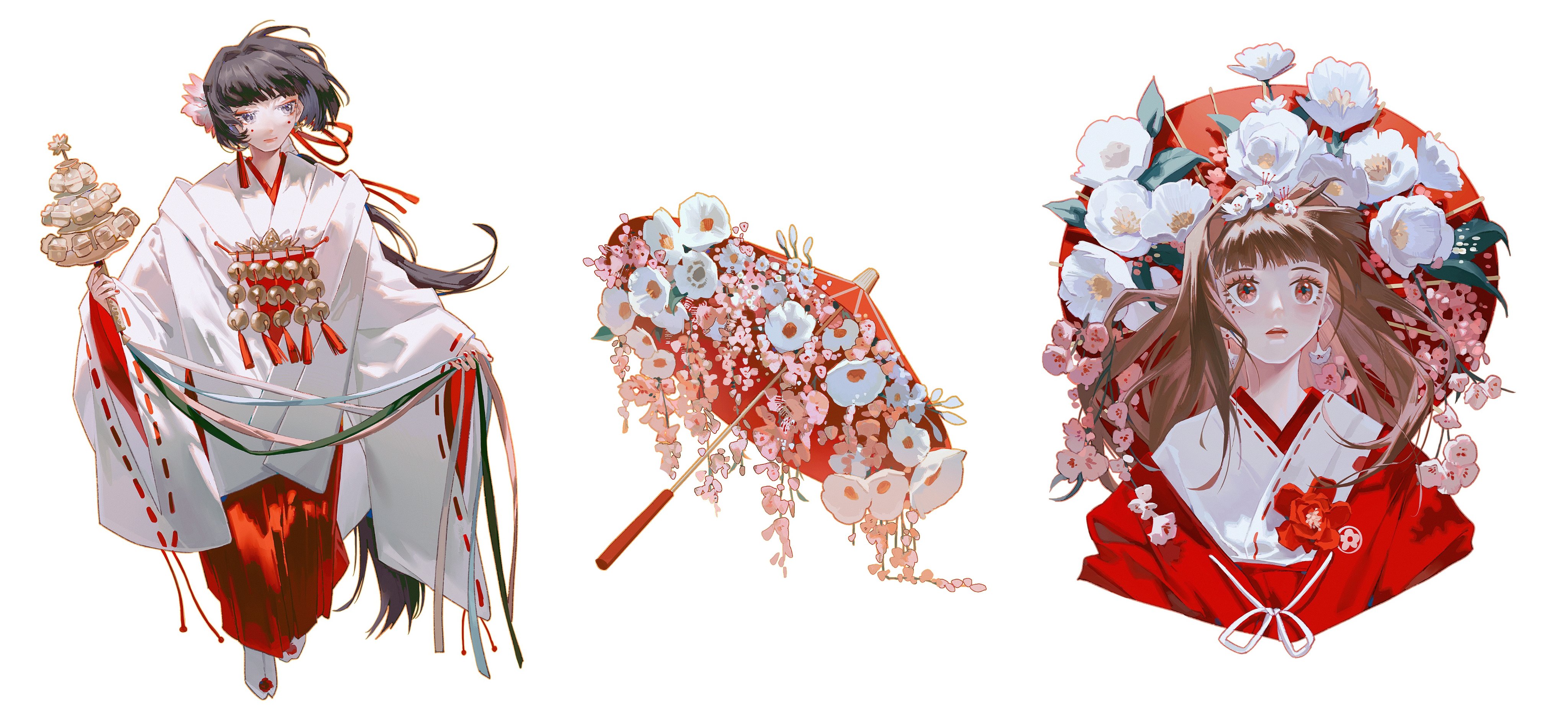 the image is a digital painting of three anime girls in traditional japanese clothing. the first girl is holding a floral umbrella, the second girl is wearing a white kimono with red accents and holding a string of bells, the third girl is wearing a red kimono with white accents and her head is adorned with a floral crown. the girls are all smiling and appear to be happy and carefree. the painting is set against a white background and is filled with vibrant colors and intricate details. the girls are all drawn in a beautiful and elegant style, and the image has a whimsical and dreamy feel to it.