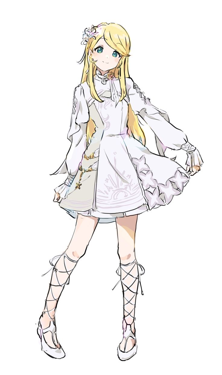 a full body illustration of an anime girl with blonde hair in a white dress with flower and cross details. she has white sandals with straps. the image has a white background.