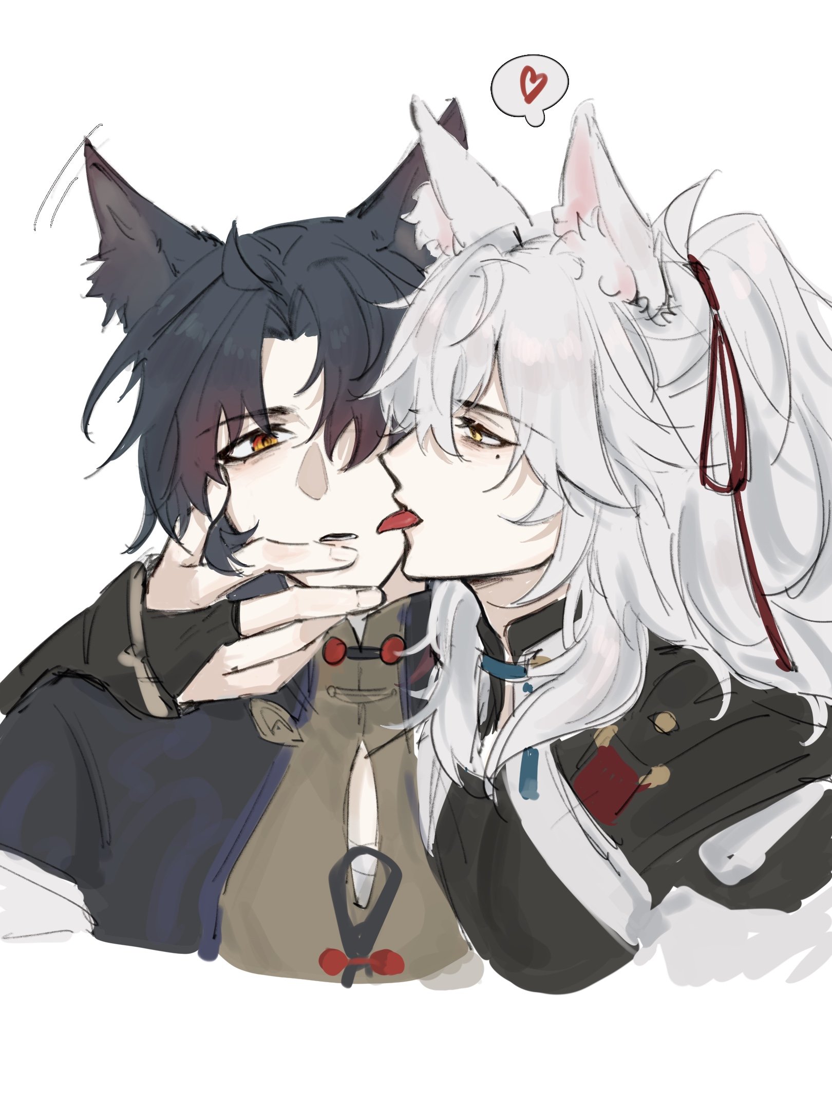 this is a drawing of two anime boys, one with white hair and cat ears and the other with black hair and wolf ears. they are kissing and the one with white hair is the one initiating the kiss. the boy with the white hair has red eyes and the boy with the black hair has green eyes. they both appear to be wearing clothes in the style of a traditional chinese garment. the background is white.