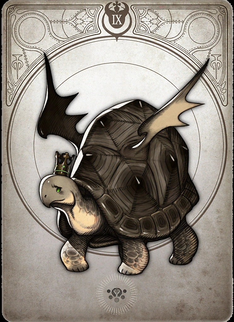 the image depicts a stylized illustration of a turtle with large, feathery wings and a golden crown perched upon its head. it's presented within the decorative border of a tarot card, with a roman numeral "ix" at the top, suggesting it might be the "hermit" or a card with a similar meaning. the turtle's expression is stoic, almost melancholic, and the overall aesthetic leans towards a muted, antique color scheme.