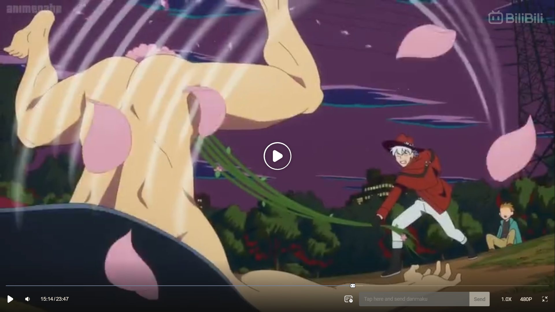 the image is a screenshot from an anime, featuring a comical fight scene at night. a large, muscular man is sent flying backward, his bare backside exposed. cherry blossom petals are scattered in the air, and a man in a red coat and hat is in midair, seemingly the cause of the large man's predicament. another man and a young boy watch in the background. the art style is exaggerated and humorous, with bright colors and dynamic poses.