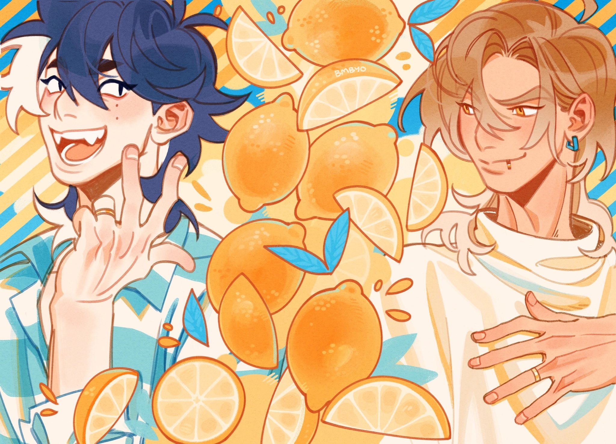 the image is a vibrant digital fanart depicting two animestyle boys surrounded by lemons and lemon slices. the boy on the left has blue hair, is smiling widely, and makes a peace sign with his fingers. he's wearing a light blue and white patterned shirt. the boy on the right has blond hair, a more serious expression, and is wearing a simple white shirt.  the background features a pattern of yellow and blue stripes.  the overall style is bright, cheerful, and playful.  the lemons are rendered with a soft, painterly style, contrasting with the sharper lines of the characters' features. the artwork is likely fan art, potentially inspired by a specific series or game.