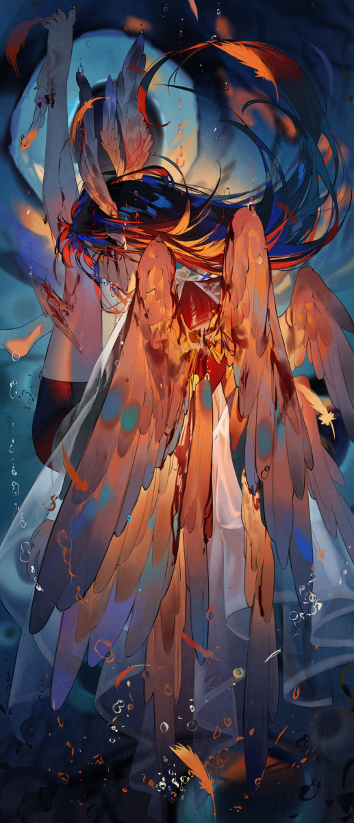 an animestyle digital artwork depicts a woman with a fallen angel theme. she has long, flowing hair with blue and red hues. she is adorned with multiple wings that are predominantly orange and brown with blue accents. there appear to be tears or water droplets around her. there is blood visible. the background suggests an underwater setting with bubbles and falling feathers.