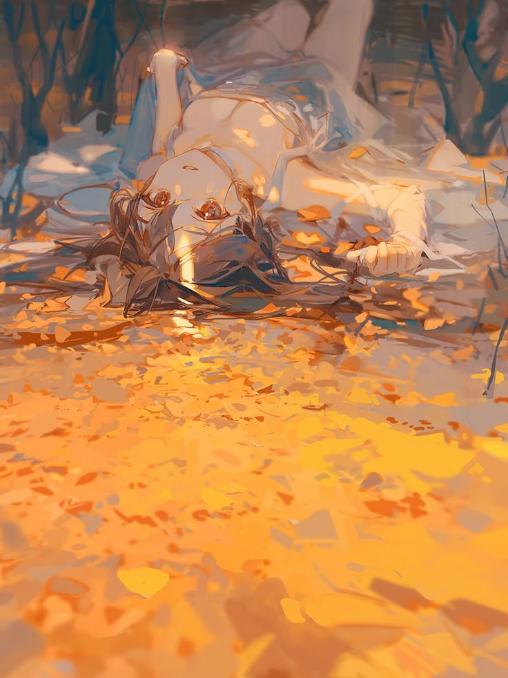 the image is a stylized digital painting of a woman lying down on a bed of fallen leaves. her eyes are open and she is looking upwards, with a peaceful and serene expression. the scene is bathed in warm light, with strong contrasts of light and shadow highlighting the texture of the leaves and her features. the color palette is dominated by warm tones of orange, brown, and yellow, evoking a sense of autumn. the woman is wearing a lightcolored dress, and her brown hair is spread around her head. the overall mood is tranquil and contemplative.