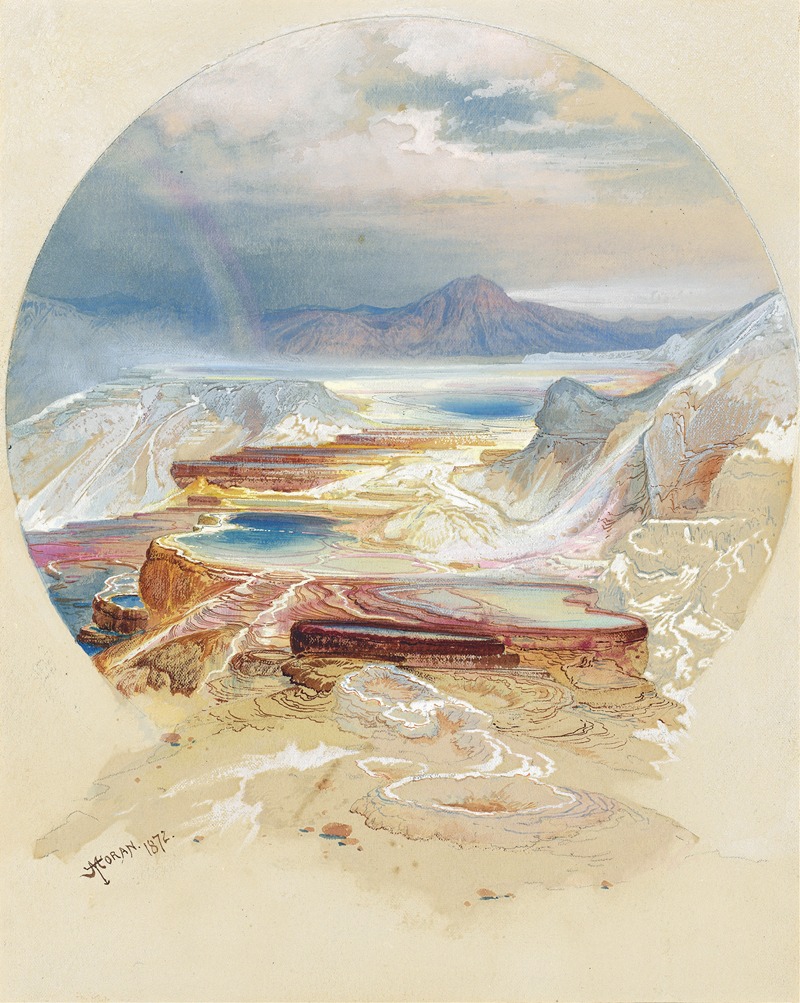a circular watercolor painting by j. moran in 1872, depicting a landscape with mountains in the background, terraced formations with pools of water in the foreground, and a rainbow arcing across the sky. the painting features white and lightcolored rocky terraces, pools of blue and reddishbrown water, and a distant mountain range under a cloudy sky.