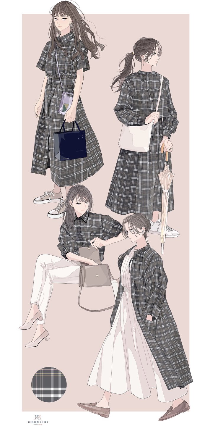 illustration of four women in different poses and outfits, all featuring a gray plaid pattern. the first woman stands in a collared dress with short sleeves, accessorized with a clear crossbody bag, navy tote bag, and sneakers. the second woman has her hair in a ponytail, wearing a long dress and carrying a white tote bag and umbrella, completed with sneakers. the third woman sits wearing white pants, a plaid shirt, and heels, reaching into a purse. the fourth woman wears a long cardigan over a long white dress, accessorized with loafers. a plaid pattern swatch is displayed at the bottom left.