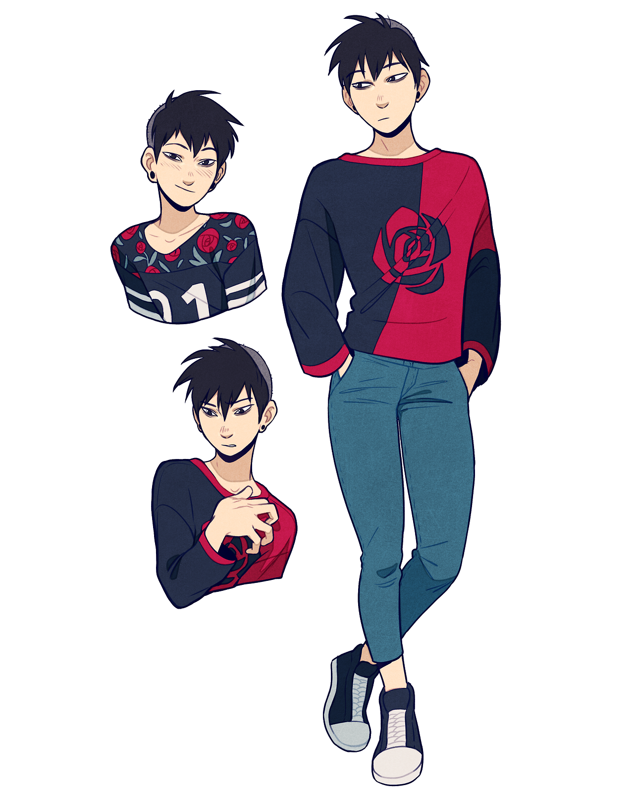 the image shows a digital illustration of a young man in various poses and expressions. he is showcasing a casual outfit featuring a splitcolor sweater with a rose design on one side and a pattern of smaller roses on the other. the rest of his outfit includes jeans, sneakers and an earring.  the image provides multiple views of the character and his clothing details.