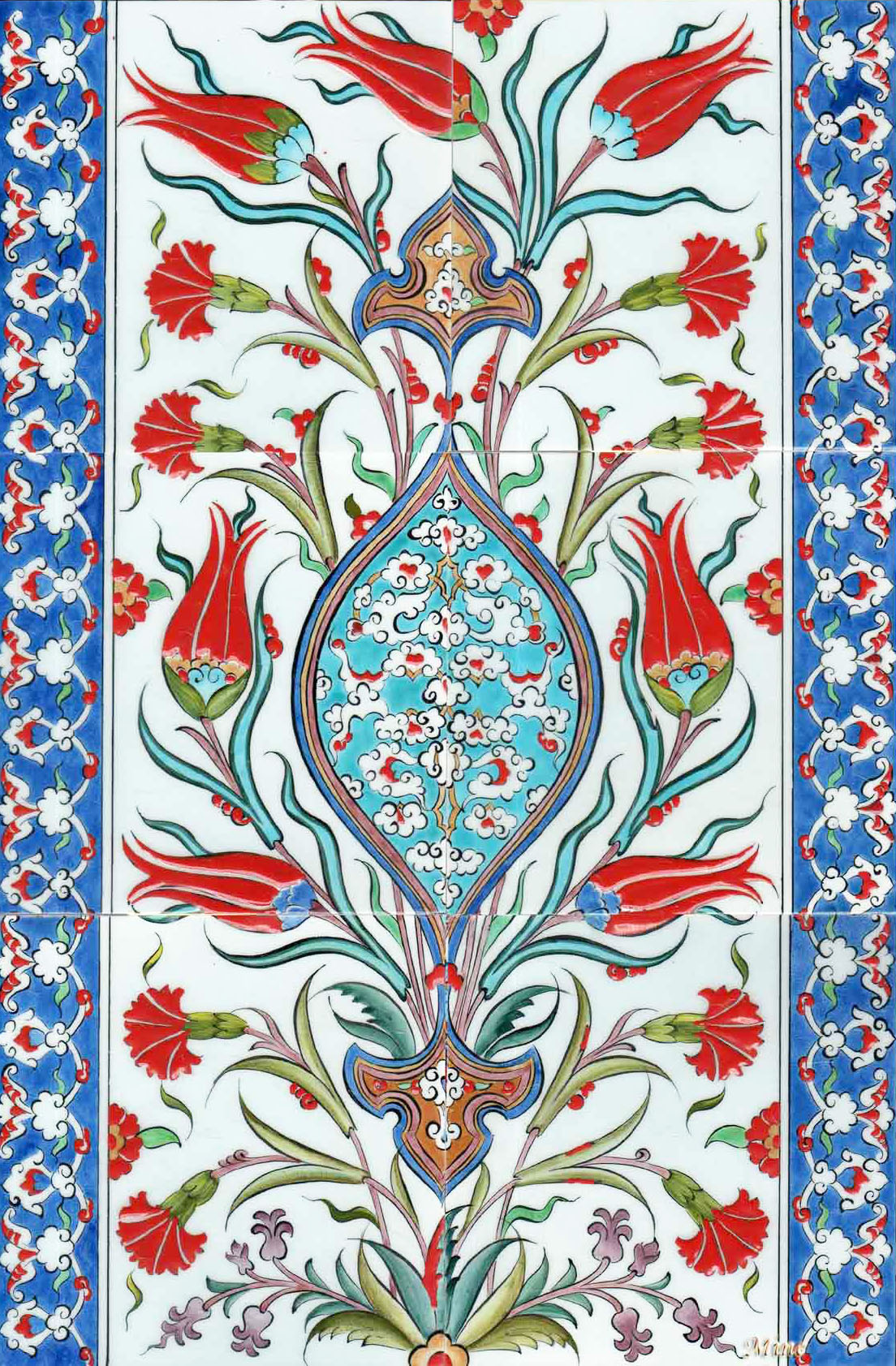 the image shows a panel of ottoman iznik ceramic tiles. the tiles have a floral design with red tulips and carnations arranged symmetrically. the central motif is a stylized blue shape filled with white clouds. the tiles have blue borders with a white floral pattern on each side. the overall color palette includes red, green, blue, teal, and white. the background is white. the design is intricate and detailed, showcasing a classic ottoman art style.