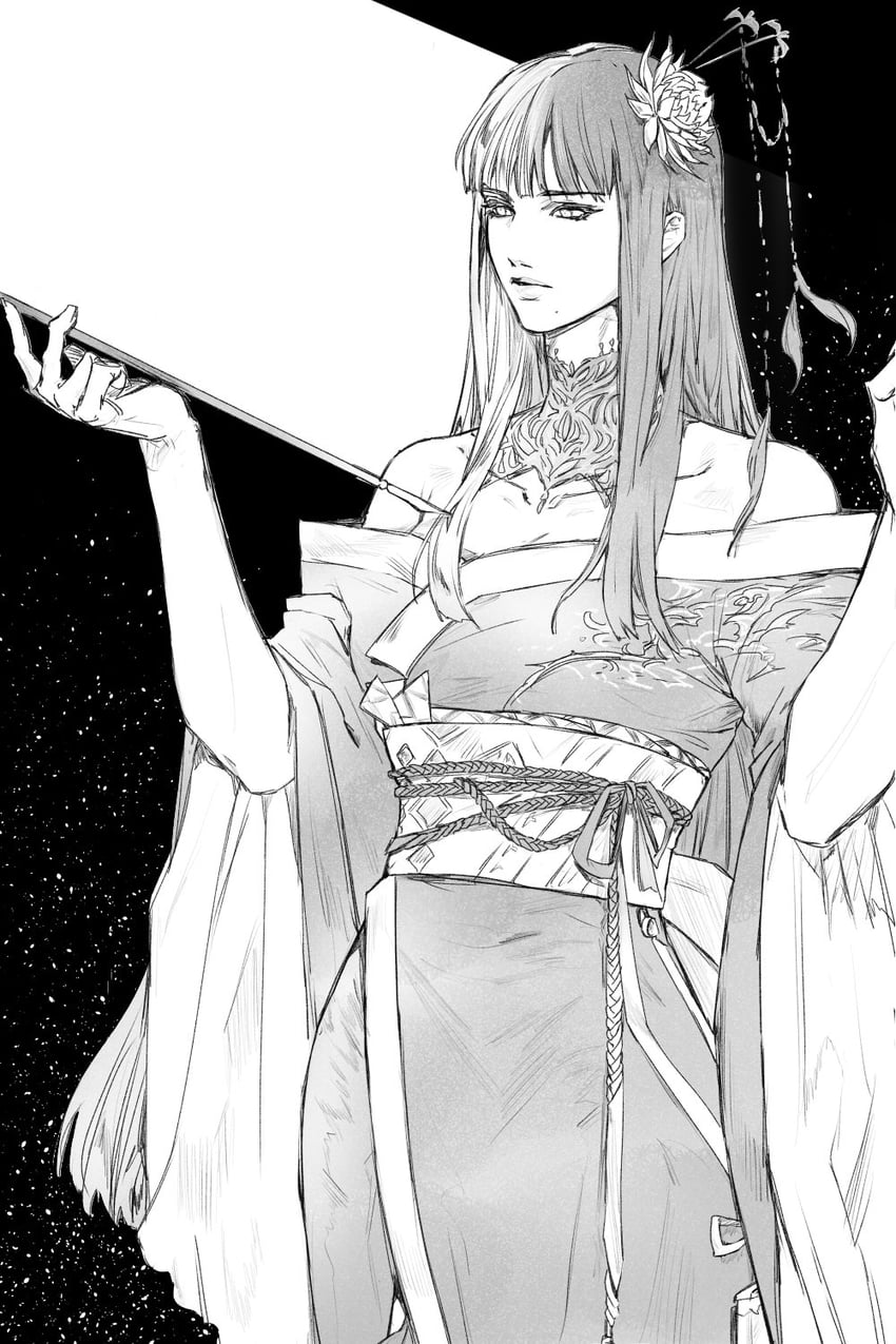 a black and white drawing of a woman in a kimono, holding a fan. she has long, dark hair with a flower in it. the background is a starry night sky. the lighting is dramatic, highlighting the woman's features. the perspective is a closeup.