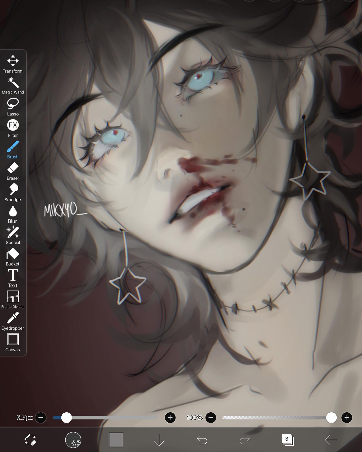 the image shows a digital painting of an animestyle girl's face, closeup. she has pale skin, expressive light blue eyes, and visible bloody wounds around her mouth.  she wears starshaped earrings and a necklace with stitchlike details, suggesting injury or a gothic/dark aesthetic. the artwork is primarily in shades of grey and monochrome, giving it a dark and moody atmosphere.  a digital art software toolbar is visible at the edges, revealing the process and tools used to create the piece.  the overall style is artistic and detailed.