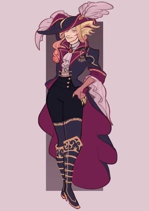 a cartoon image of a female anime character wearing a black dress with a purple coat and ornate gold trim. she's wearing tall black and gold boots, a gold belt, and a widebrimmed hat with a pink feather plume. the character has long blonde hair and is looking to the side with a faint smile on her face.