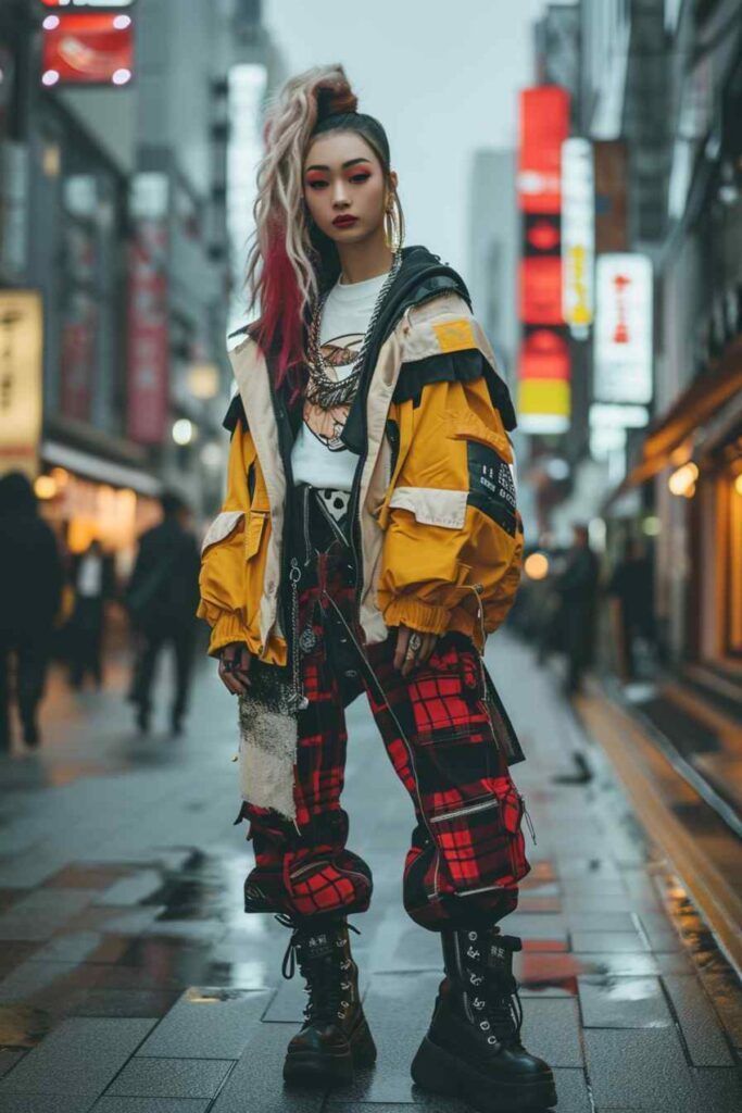 a fulllength shot of a young asian woman standing on a wet city street, showcasing a bold street style outfit. she is wearing a bright yellow jacket layered over a white tshirt with a graphic print, and red and black plaid pants tucked into chunky black boots. the outfit is accessorized with chains, a necklace, and a belt. the woman has a distinctive hairstyle with a blonde ponytail and dyed red streaks, along with dramatic eye makeup, large hoop earrings, and red lipstick. the background features blurred city buildings and signage, with a wet pavement reflecting the urban environment.