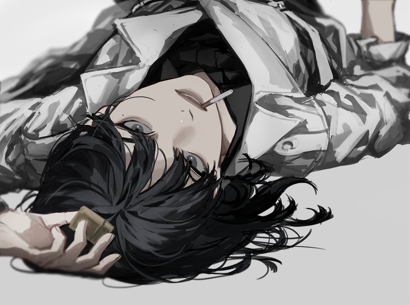 a stylized black and white illustration of a young man with dark hair and striking blue eyes lies on his back, casually holding a cigarette lighter in one hand and a cigarette dangling from his lips. he wears a white jacket over a black shirt, adding to the monochromatic aesthetic of the image. the lighting is soft and diffused, creating a sense of calmness despite the subject's rebellious pose.