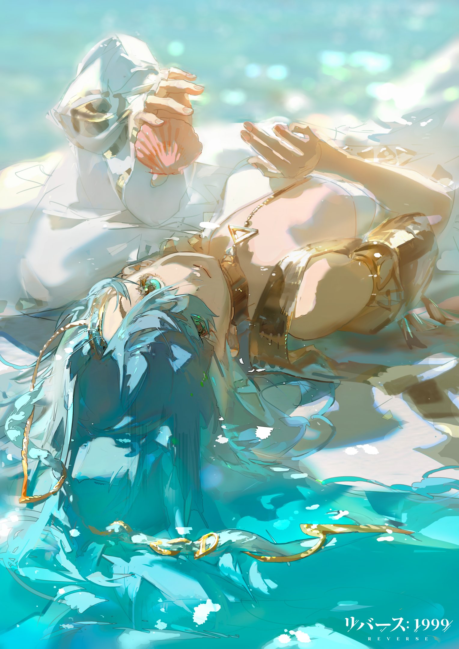 a young woman with blue hair and blue eyes lays in shallow, clear, turquoisecolored water. she is wearing a white, semitransparent, sleeveless top and a gold armband on her left arm. a long gold necklace falls over her chest. she is holding a pink clam shell in her right hand, and her left hand is resting, palm up, in the water. the overall tones of the image are light blue and teal, with white highlights and touches of pink and gold.