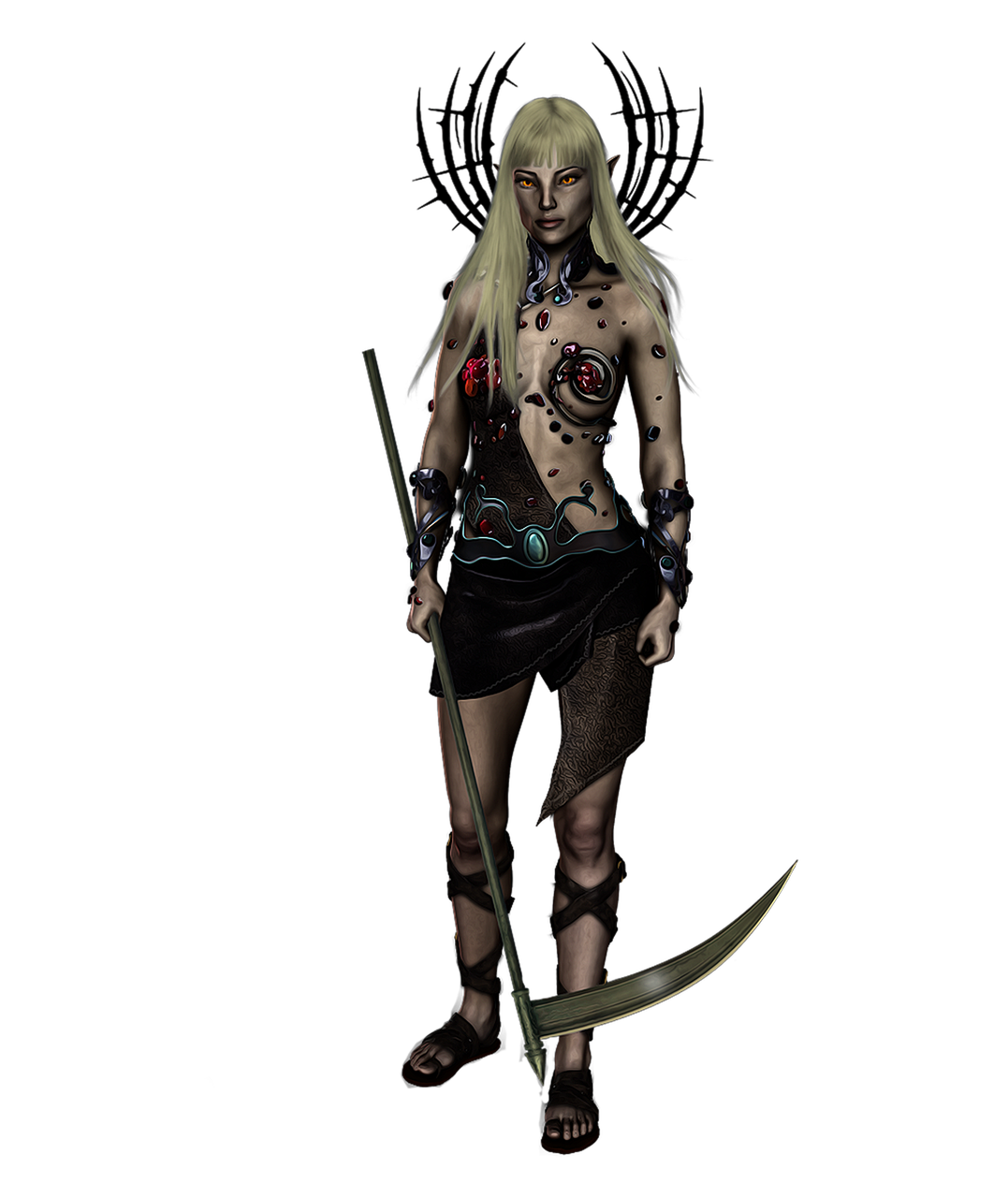 a fullbody digital illustration depicts a female elf warrior holding a scythe. the elf has pale skin, blonde hair, and pointed ears. she is adorned with dark armor that appears to be both functional and decorative, incorporating gemstones and intricate designs. her clothing is minimal, consisting of a dark skirt, an asymmetrical top, and leather straps around her legs. she has markings on her body and a ringshaped object floating behind her head. the background is a solid black.