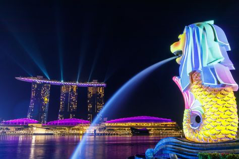 a view of the iconic merlion statue in singapore at night. the merlion is a mythical creature with the head of a lion and the body of a fish. it is a popular tourist attraction in singapore. the statue is illuminated with colorful lights, making it even more impressive. in the background, the marina bay sands hotel is also illuminated, creating a stunning cityscape. the water in the bay is reflecting the lights, adding to the beauty of the scene.