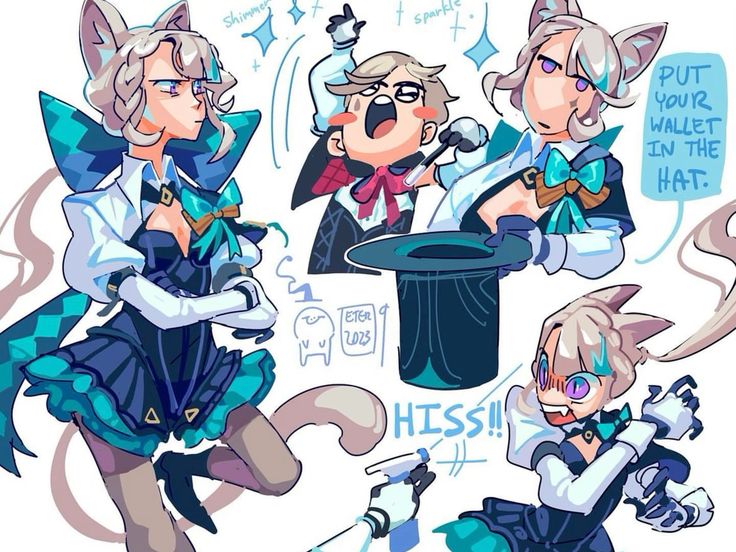 the image is a vibrant digital fanart featuring four stylized animestyle characters. three of them have cat ears and are dressed in variations of a teal and white magical girlesque outfit.  one character is a shorter, more mischievouslooking cateared girl in a similar outfit, appearing to hiss. another character is a male magician in a black suit and red bow tie, holding a wand and a top hat. the main focus is on the three cateared girls, with the magician seemingly a supporting character in the scene. there's text included referencing a magic trick ("put your wallet in the hat"), and the words "shimmer" and "sparkle" are written near the top, adding to the magical theme.  the style is playful and lighthearted.  the number "eter 2023" appears to be a signature or date.