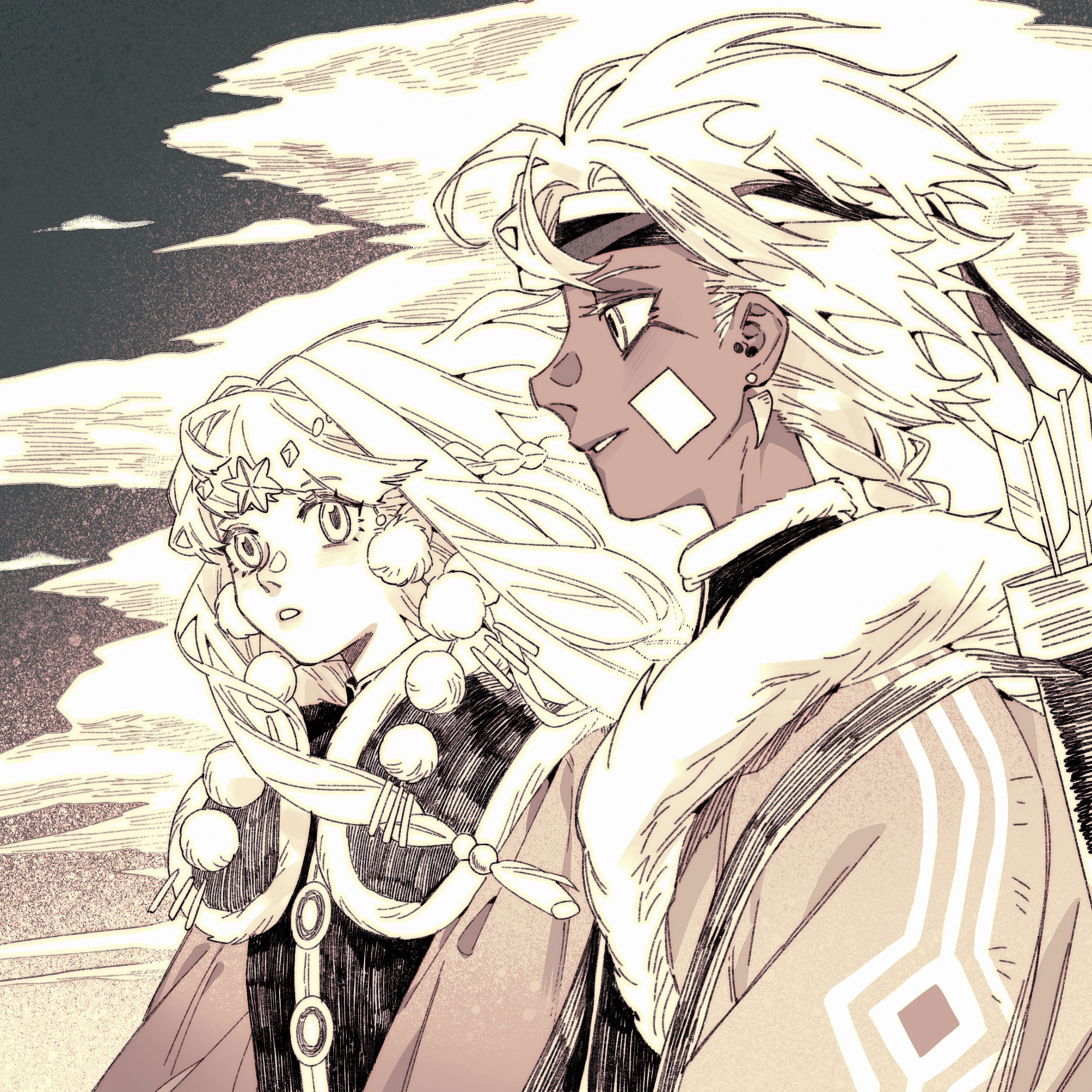 an anime illustration of two characters, a woman and a man, standing together. the woman has long white hair, a winter outfit, a hat, and a scarf. the man has short white hair and is wearing a winter coat. they are in the middle of a snowy landscape.