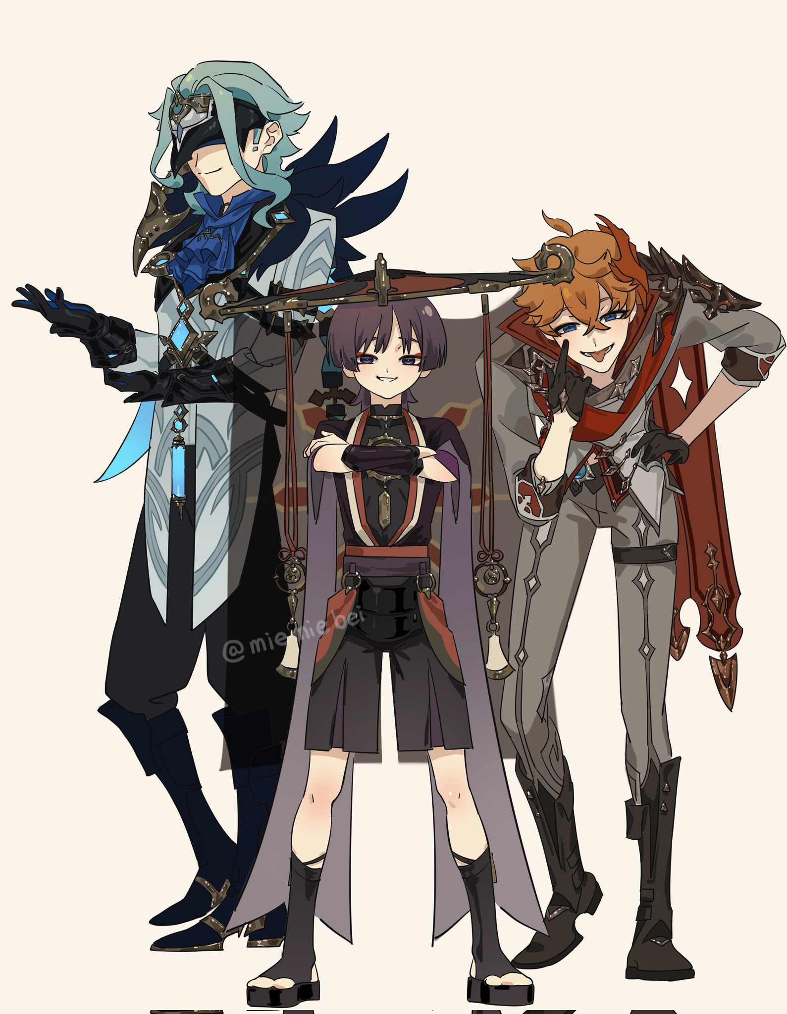 a digital illustration of three male anime characters from the video game genshin impact. the characters are kazuha, xiao, and scaramouche. they are standing together in a group and looking at the viewer. they appear to be close friends, with one arm around another.  the art is done in a light anime style with vibrant colors and intricate details.