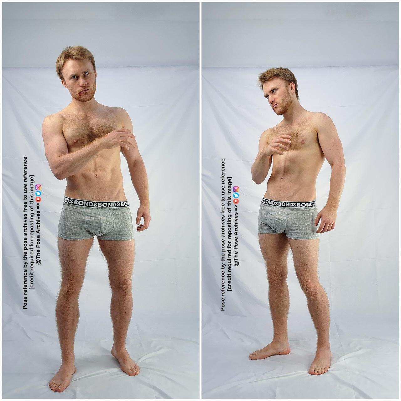 a caucasian male model with short blond hair is posing in front of a white background. he is wearing gray underwear and has his arms crossed. the image is a diptych, with the same pose mirrored on the left and right sides. the image is a pose reference for artists.