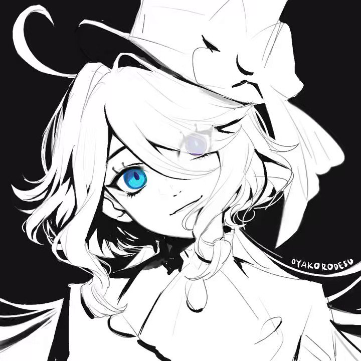 this is an anime illustration of a girl with white hair, one blue eye and a large hat on top of her head, drawn in a black and white style. the girl has a slight smile on her face.