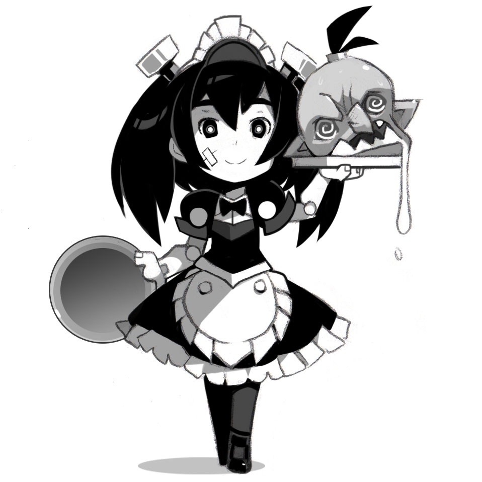 a chibi style anime girl dressed as a maid, holding a platter with a severed head on it. the head is drawn in a more grotesque style. the image is black and white.