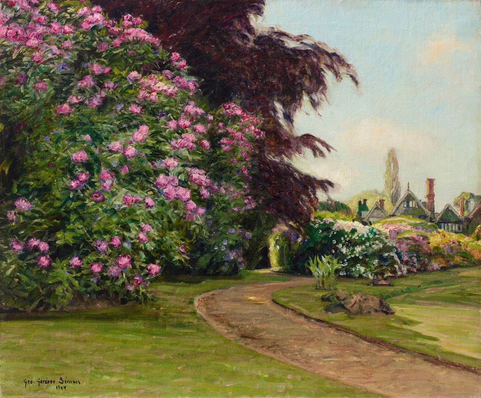 the painting depicts a garden landscape with a winding path leading towards buildings in the background. a large rhododendron bush with pink flowers is on the left side of the path. dark redleaved tree provides shade over the scene. in the distance, buildings with chimneys are visible. the sky is pale blue with hints of clouds. the artwork is signed "geo. gordon simons, 1934".