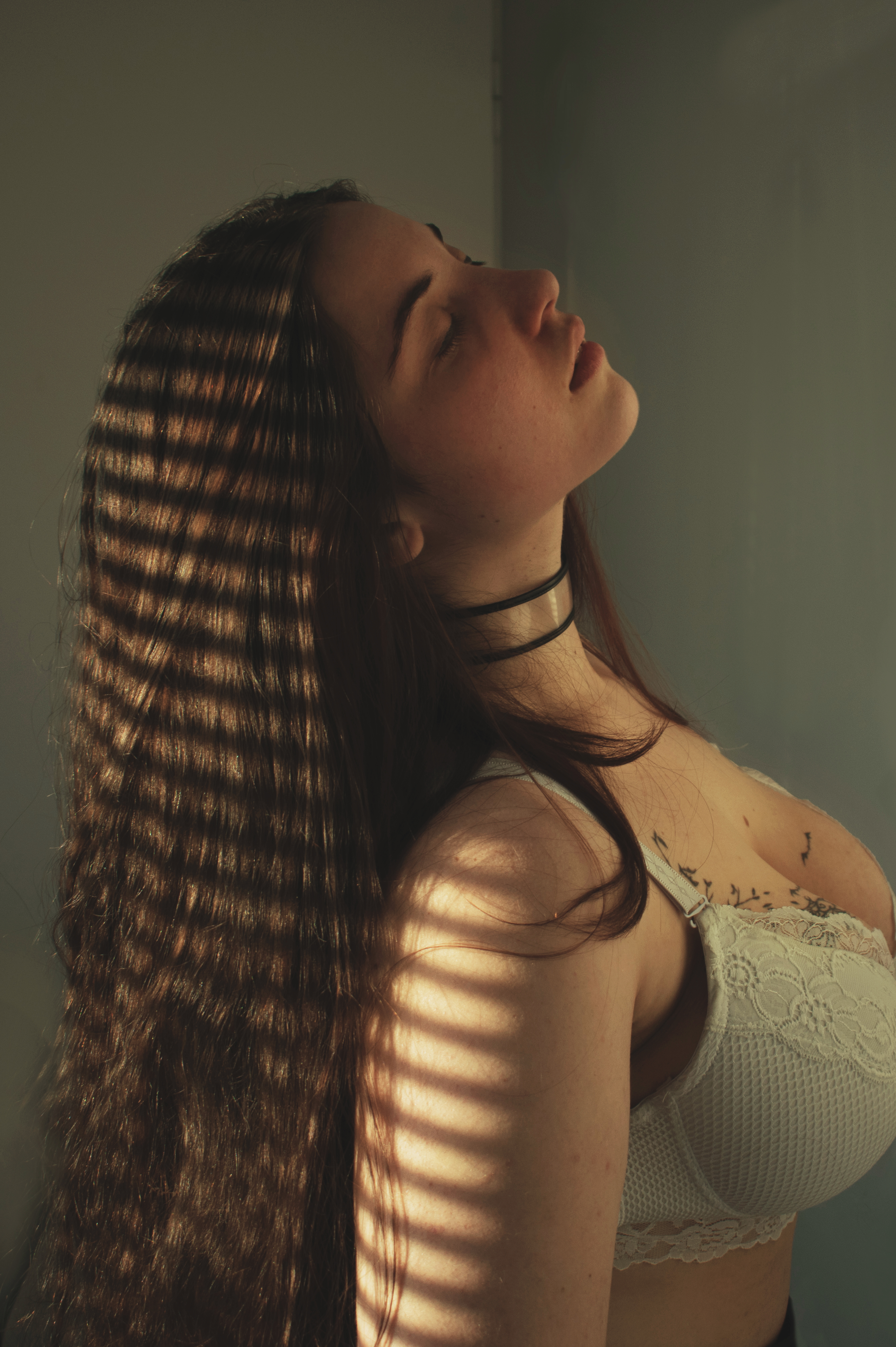 a woman with long brown hair stands with her face tilted upwards, illuminated by sunlight streaming through blinds. the shadows of the blinds cast stripes across her face and hair. she is wearing a white bra and a choker necklace. a tattoo is visible on her chest.