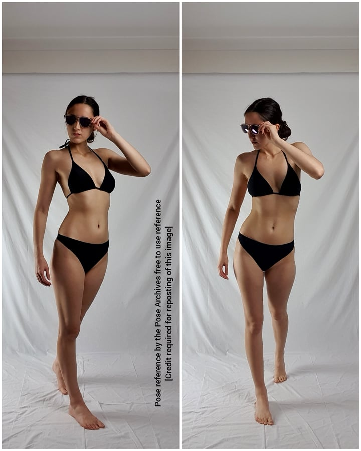 this image features a woman posing in a studio setting. she is wearing a black bikini and sunglasses. she is standing in front of a white backdrop and looking slightly down and to her right. the lighting is soft, creating a natural look.  the image is split into two, with each side showing a slightly different pose of the same woman.```