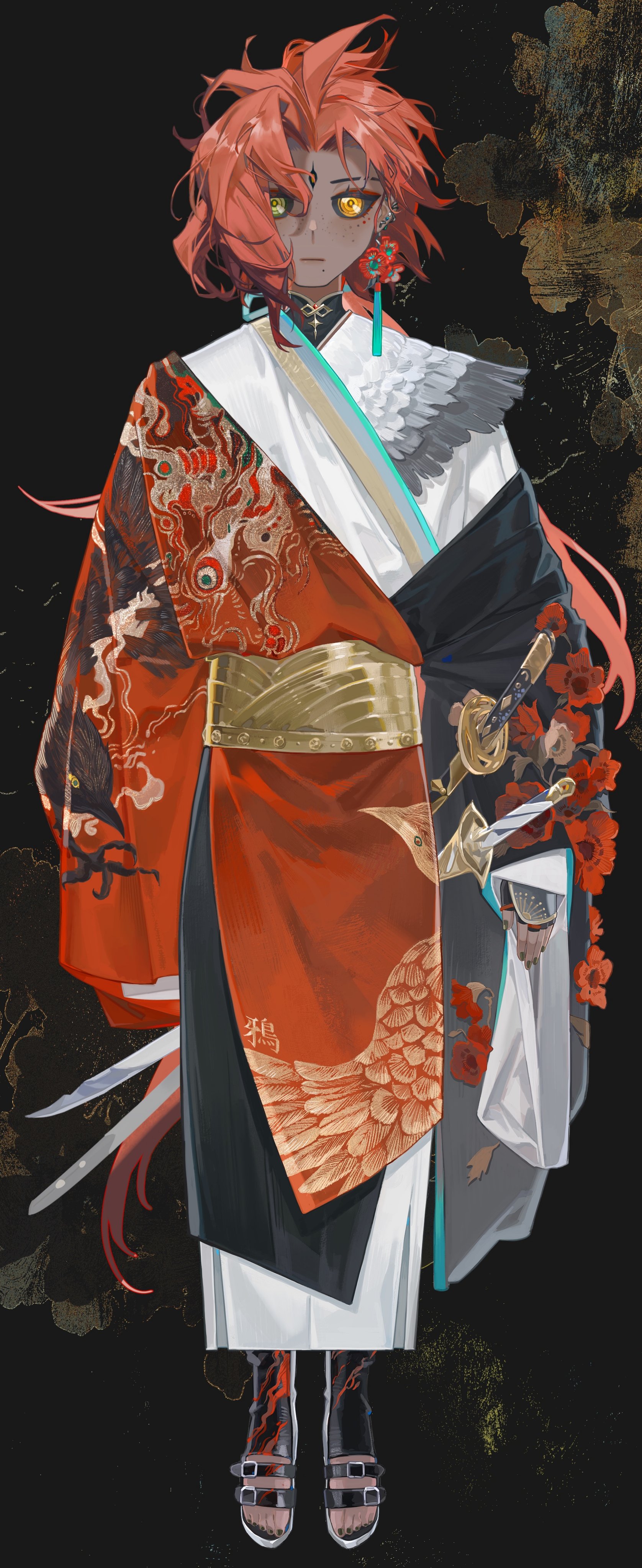 this digital artwork depicts an anime character in a fantasy setting. the character is a young woman with long, bright red hair and yellow eyes, wearing a traditional japanese kimono with intricate patterns and colors. the kimono is white, red, black, and gold. she has a gold belt around her waist. there are gold and white accents on the kimono with a white bird pattern on the back and white wing pattern on the chest. her clothing has detailed patterns with  a phoenix pattern on the bottom. the character is holding two swords at her side, and her expression is serious and determined. the background is a dark and mysterious, with a black and gold wash  suggesting an ancient, mystical environment.  the overall style of the art is detailed and vibrant, with a strong emphasis on the character’s design and the beauty of the kimono she wears.